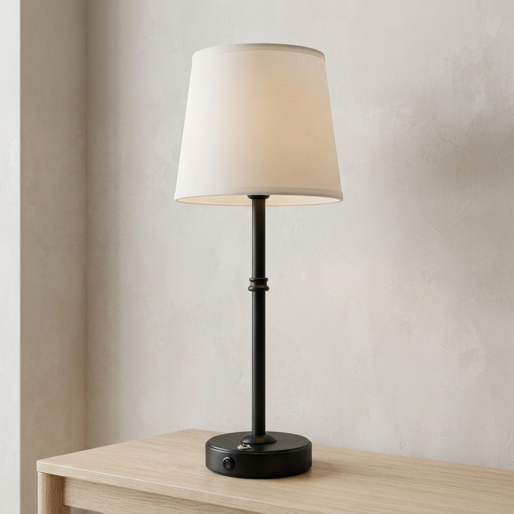 Black table lamp from a side angle in matching setting