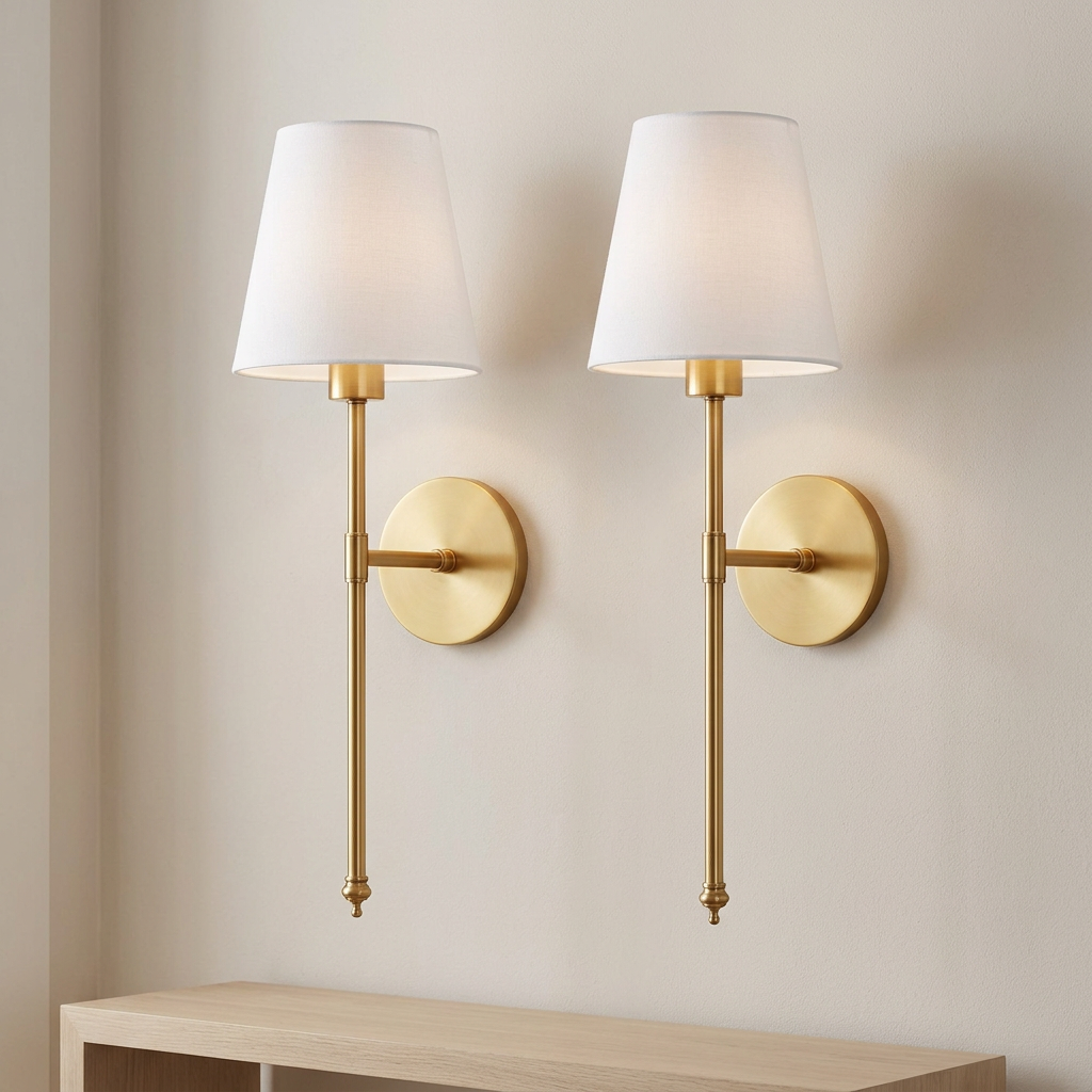Gold long-stem sconces softly illuminated in a lifestyle setting