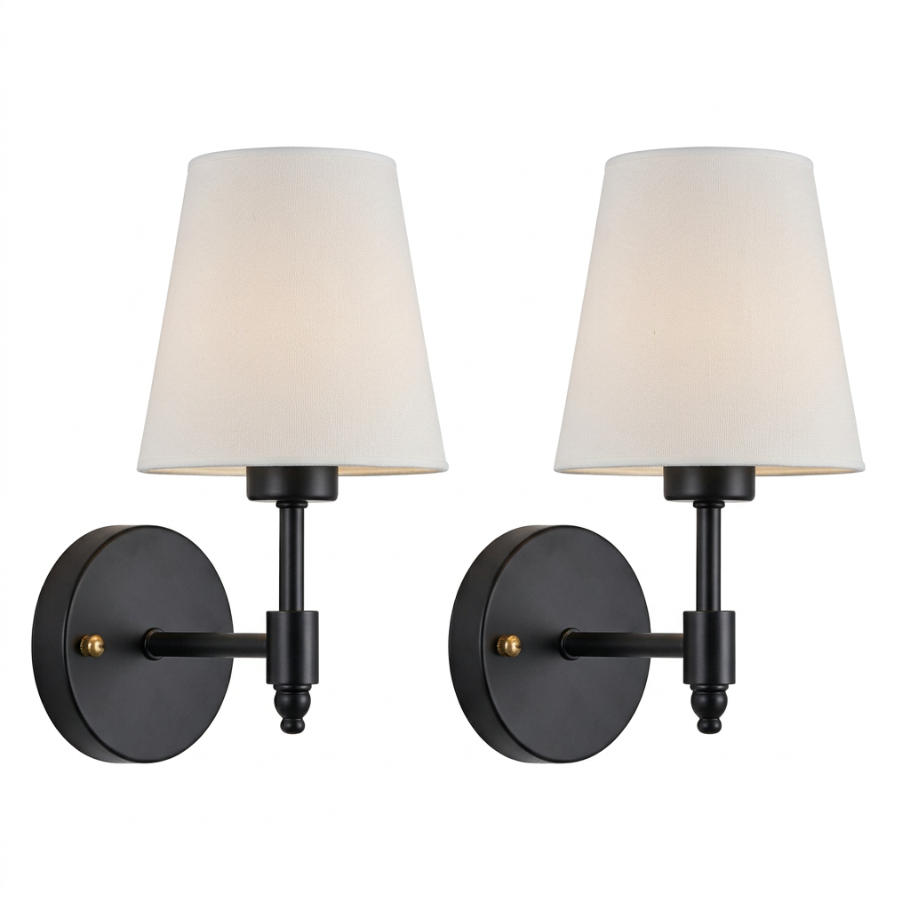 Pair of black wall lamps on white