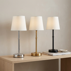 Silver, gold and black table lamps together