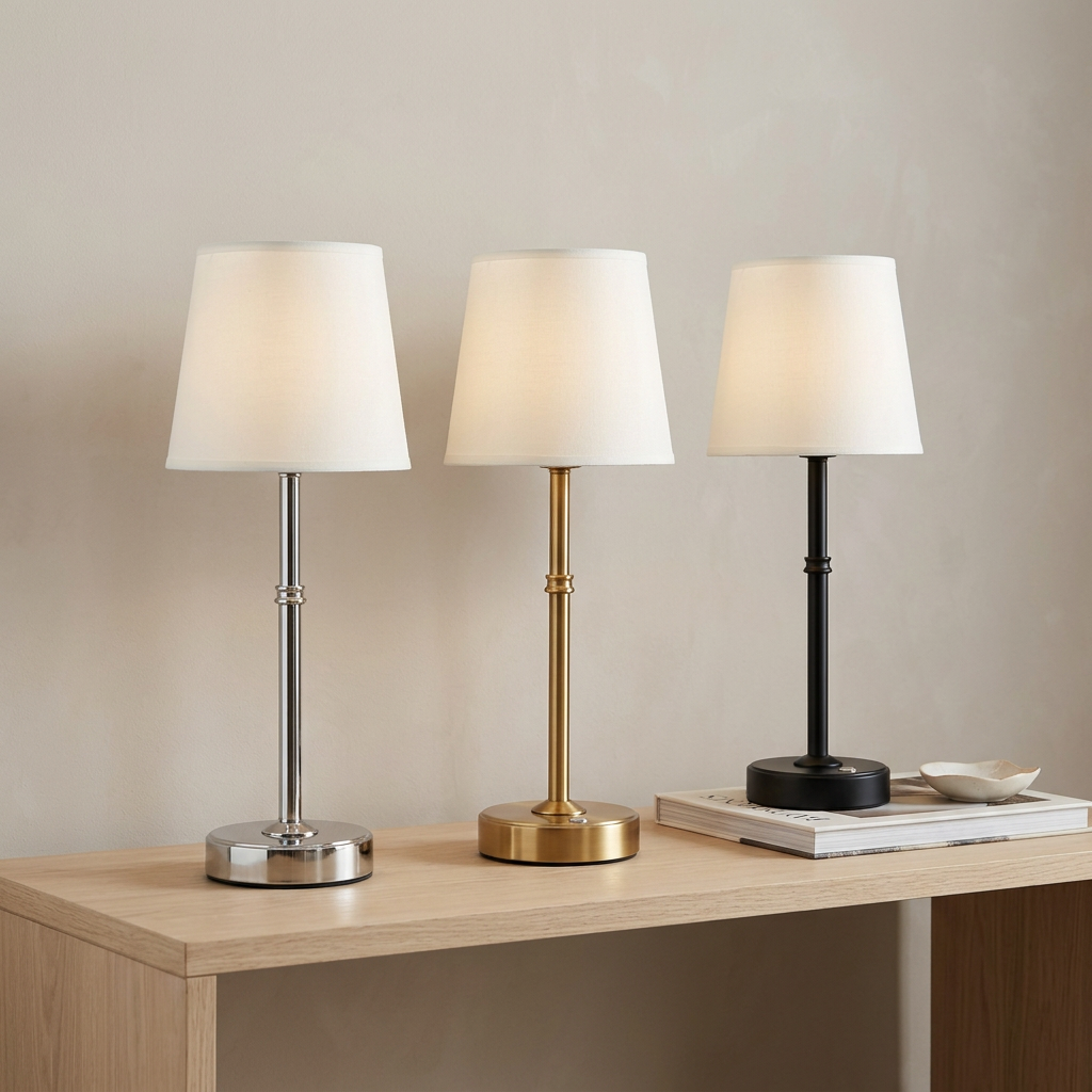Silver, gold and black table lamps together