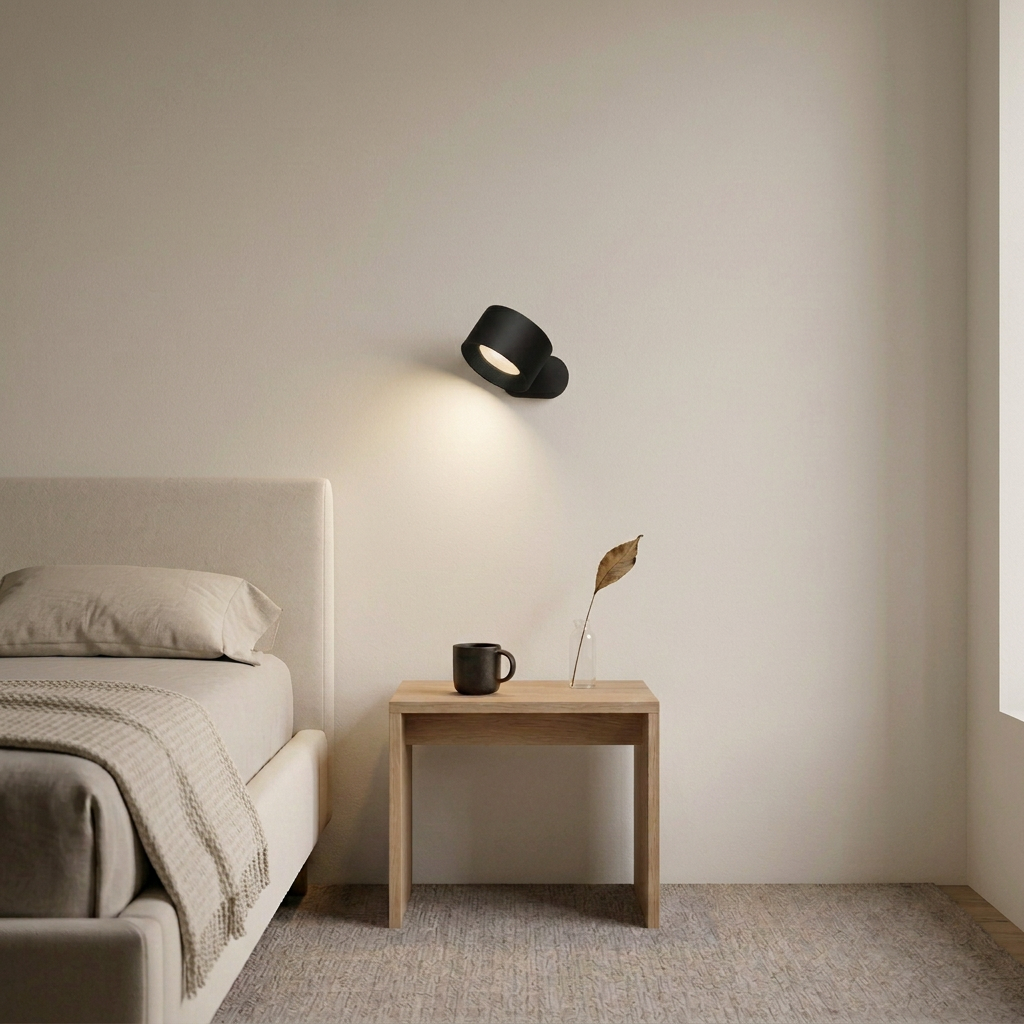 Small black wall lamp in a bedroom with a soft warm-white wall