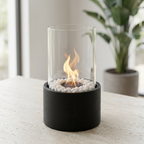 Tabletop fireplace in a brighter setting with accessories removed and a realistic flame